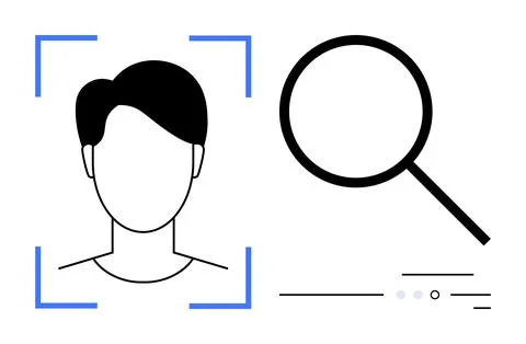 Outline head with blue frame next to magnifying glass. Ideal for security, te イラスト素材