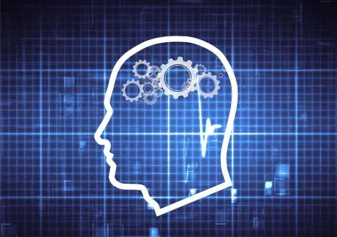 Outline head with cogs brain on a technological blue background Stock Illustration