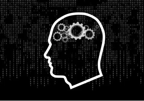 Outline head with cogs brain on technological black background Stock Illustration
