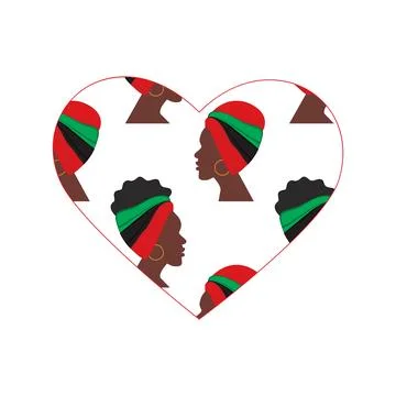 Outline heart shape with a pattern from the profile of African women turned in Stock Illustration