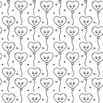 Outline Heart shaped balloon on string with face and decorative hearts Stock Illustration