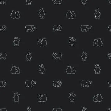 Outline hippo seamless repeat pattern, black white colors. Chalk board effect Illustrazione stock