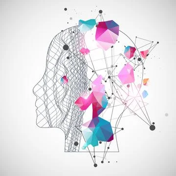 Outline of a human head with an abstract wave. Plexus effect. Stock Illustration