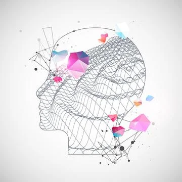 Outline of a human head with an abstract wave. Plexus effect. Stock Illustration