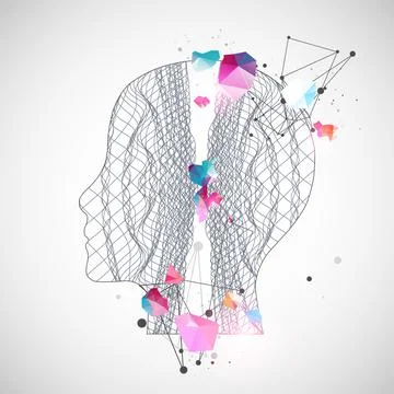 Outline of a human head with an abstract wave. Plexus effect. Stock Illustration