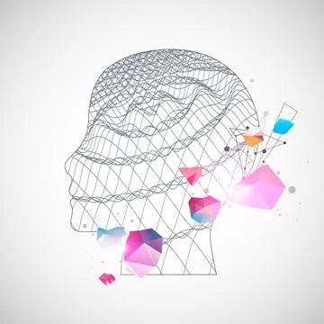 Outline of a human head with an abstract wave. Plexus effect. Stock Illustration