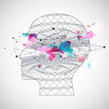 Outline of a human head with an abstract wave. Plexus effect. Stock Illustration