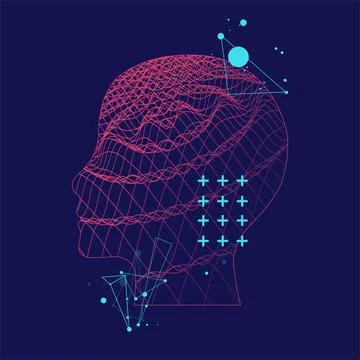 Outline of a human head with an abstract wave. Plexus effect. Stock Illustration