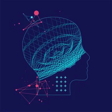 Outline of a human head with an abstract wave. Plexus effect. Stock Illustration