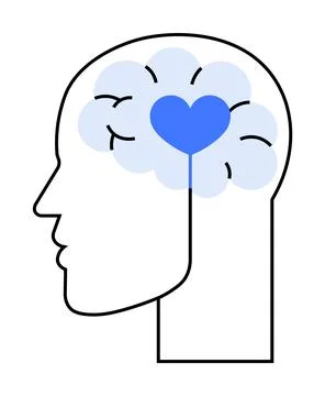 Outline of a human head with brain and heart icons. Ideal for mental health a Stockillustratie