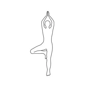 Outline human in tree pose with hands namaste over head. Vrikshasana icon. Stock Illustration