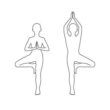Outline human in tree pose with hands namaste. Vrikshasana icon. Stock Illustration