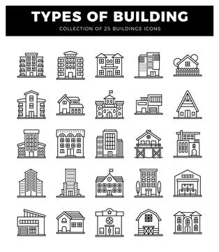 Outline icon building types. flat design. urban and rural settings. Ilustración de archivo