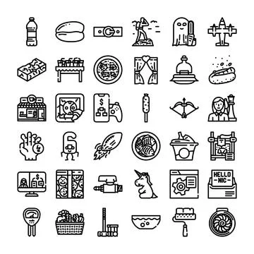 Outline icon collection featuring diverse leisure and activity concepts Stock Illustration