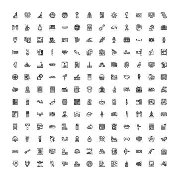 Outline icon collection featuring diverse everyday objects and symbols Stock Illustration