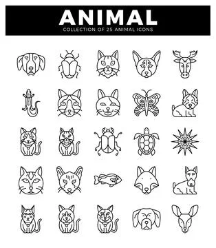 Outline icon set of 25 animals. Pet icons. wild animals. insects and marine.. Stock Illustration