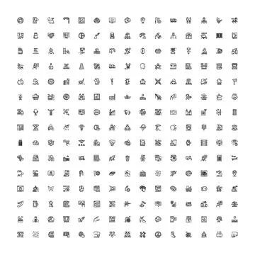 Outline icon set depicting common business and daily life elements Stock Illustration