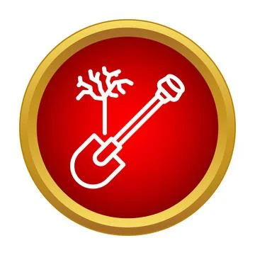 Outline icon of a small tree and shovel on a red circular button 스톡 일러스트