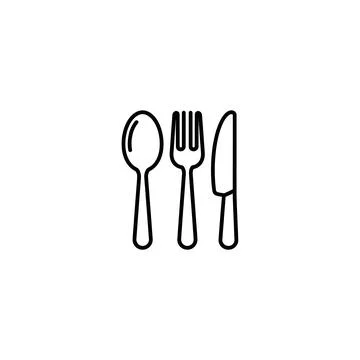 Outline icon of spoon, fork, and knife - minimalist, represents cutlery and Illustrazione stock