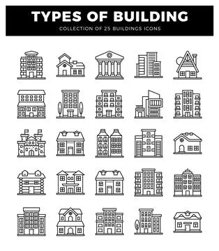 Outline icons of 25 different building types. from houses to skyscrapers. a.. Ilustración de archivo