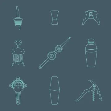 Outline icons barman instruments set. Stock Illustration