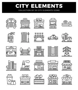 Outline icons of city elements on a white background with black text 스톡 일러스트