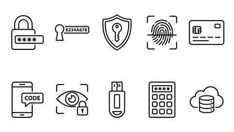 Outline icons for digital security, access control and personal identificat.. Stock Illustration