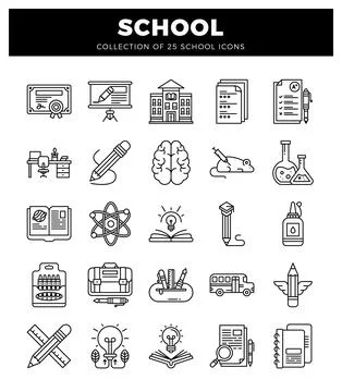 Outline icons for education and learning on a white background. Ilustración de archivo