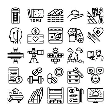 Outline icons representing diverse technology science healthcare and lifest.. Stock Illustration