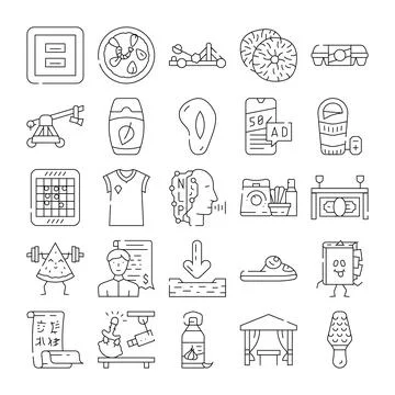 Outline icons representing various objects and concepts Stock Illustration