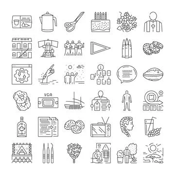 Outline icons representing various objects and concepts set 库存插图