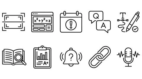 Outline icons for scanning, math, scheduling, Q&amp;A, and writing tools. Stock Illustration