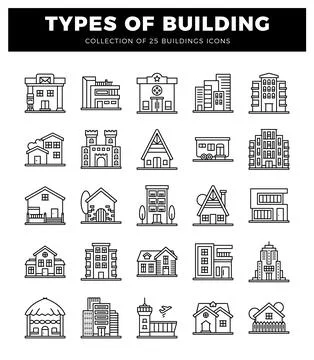 Outline icons of various building types with different architectural styles.. Ilustración de archivo