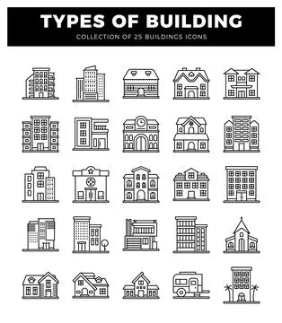Outline icons of various building types on a white background. Stock Illustration