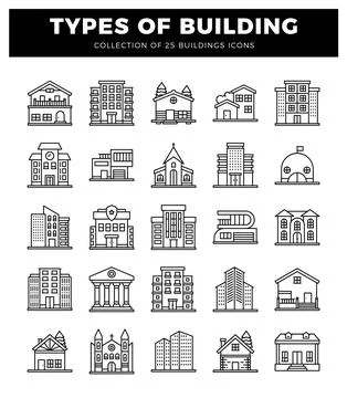 Outline icons of various building types on a white background. 5x5 grid layou Ilustración de archivo