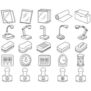 Outline Illustration Set Featuring Office Supplies, Presentation Tools, and.. Stock-Illustration