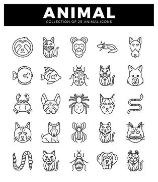 Outline illustration of various animals presented on a white background wit.. Stock Illustration