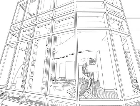 Outline of the interior with large windows with a sofa, armchairs, a table an Illustrazione stock