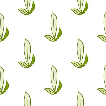 Outline isolated seamless pattern with green contour leaf silhouettes. White  Stock Illustration