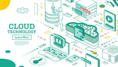 Outline Isometric Cloud Technology Networking Concept. Stock Illustration