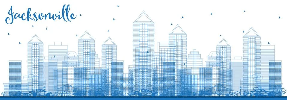 Outline Jacksonville Florida USA City Skyline with Blue Buildings. Stock Illustration