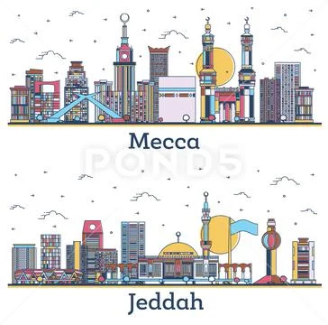 Outline Jeddah and Mecca Saudi Arabia City Skyline Set.: Graphic #221027385