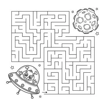 Outline labyrinth space game and kids maze puzzle Stock-Illustration