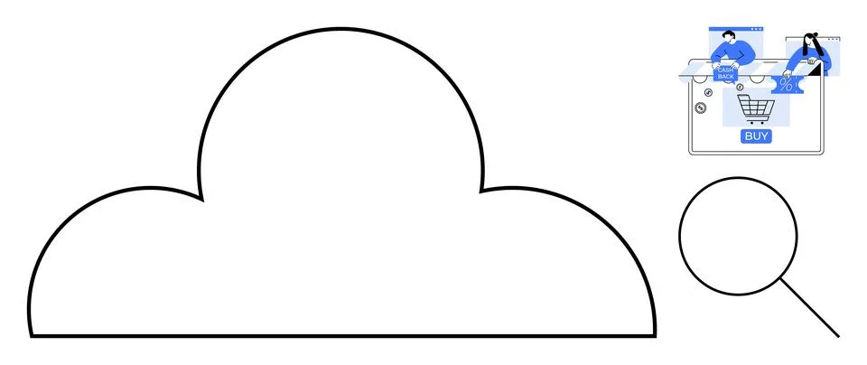 Outline of large cloud shape, online shopping cart with people on laptops, an Stock Illustration