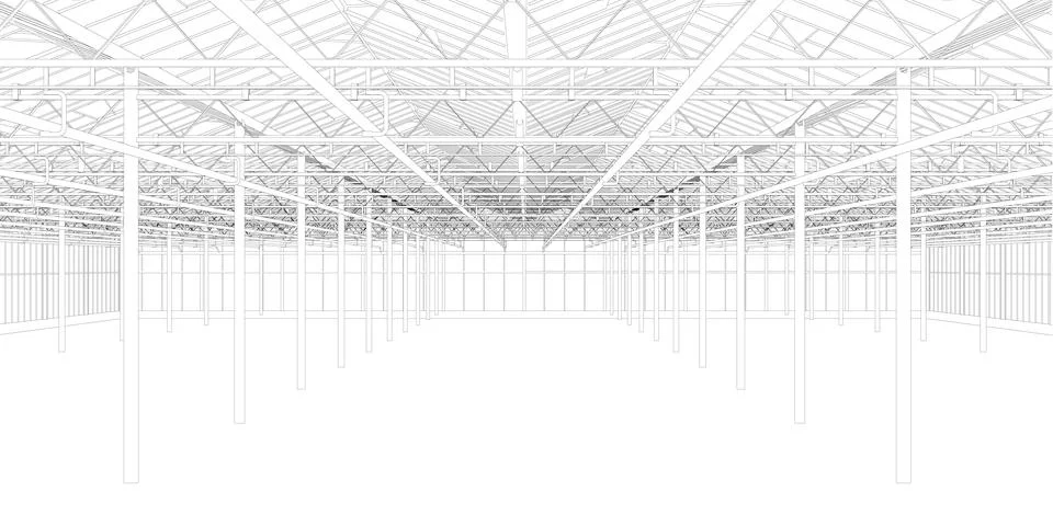 Outline of a large empty hangar from black lines isolated on a white backgr.. Stock Illustration
