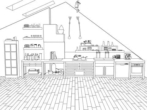 Outline of a large kitchen with black line fittings isolated on a white Stock Illustration