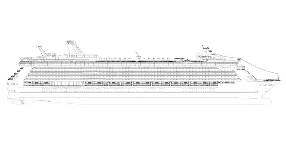 Outline of a large multi-deck cruiser from black lines isolated on a white Stock Illustration