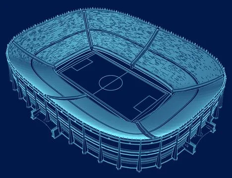 Outline of a large stadium from blue lines. Perspective view. 3D. Vector Illustrazione stock