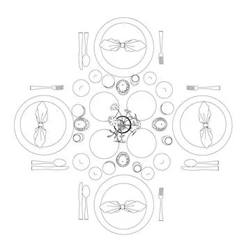 Outline of the layout of kitchen appliances on a table in a restaurant made o Stock Illustration