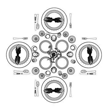 Outline of the layout of kitchen appliances on a table in a restaurant made o Stock Illustration